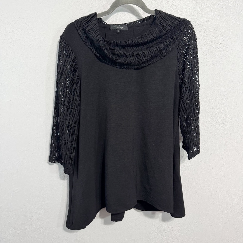 Sydney Stylish Black Lace Sleeve Blouse cowl neck medium